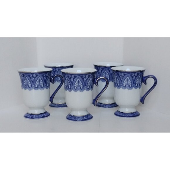 Bombay Arabesque Tile Footed Coffee Mug 4.5" Blue White Platinum Trim Set of 5 - Picture 1 of 14